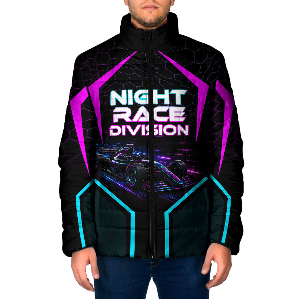 Personalized Night Race Division Padded Jacket Cyberpunk Racing Synthwave Motorsport Neon Graphic