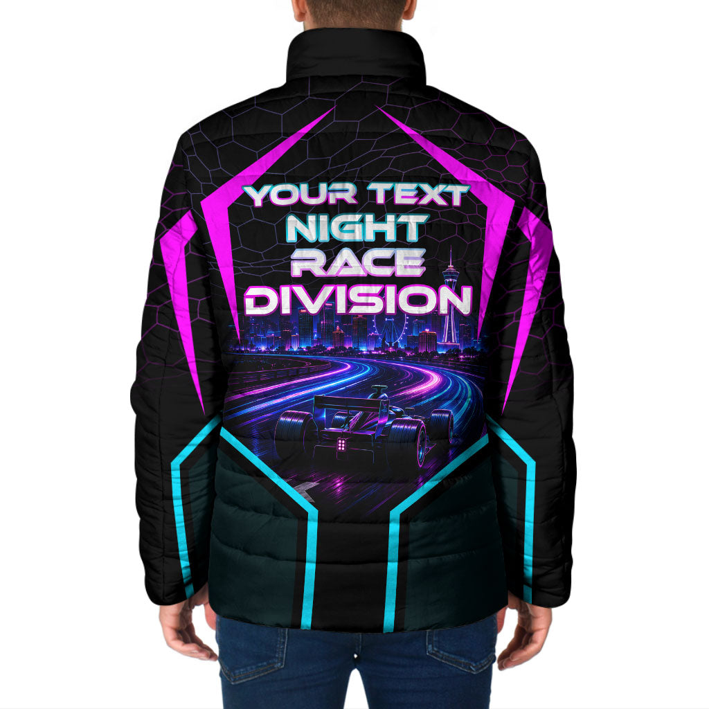 Personalized Night Race Division Padded Jacket Cyberpunk Racing Synthwave Motorsport Neon Graphic