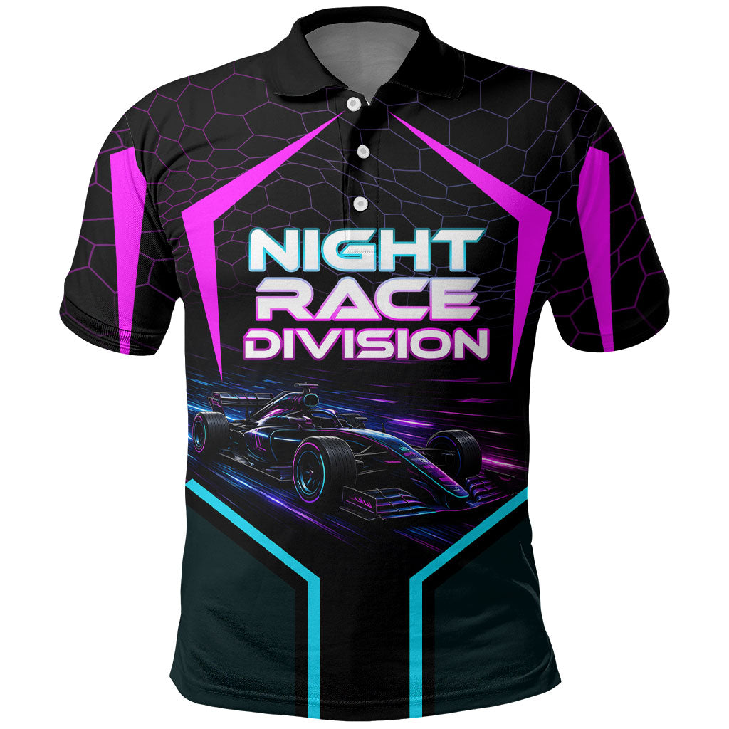 Personalized Night Race Division Polo Shirt Cyberpunk Racing Synthwave Motorsport Neon Graphic