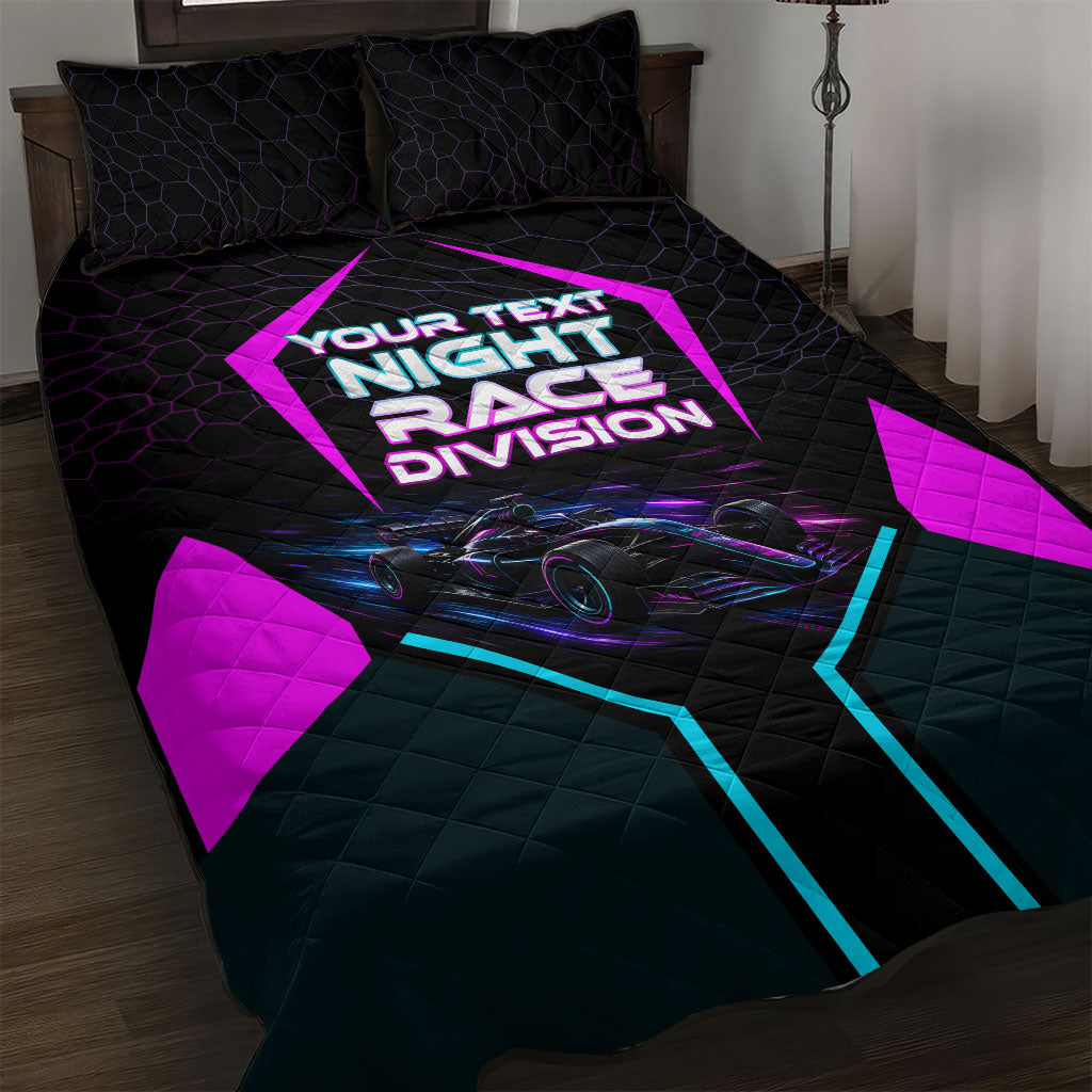 Personalized Night Race Division Quilt Bed Set Cyberpunk Racing Synthwave Motorsport Neon Graphic