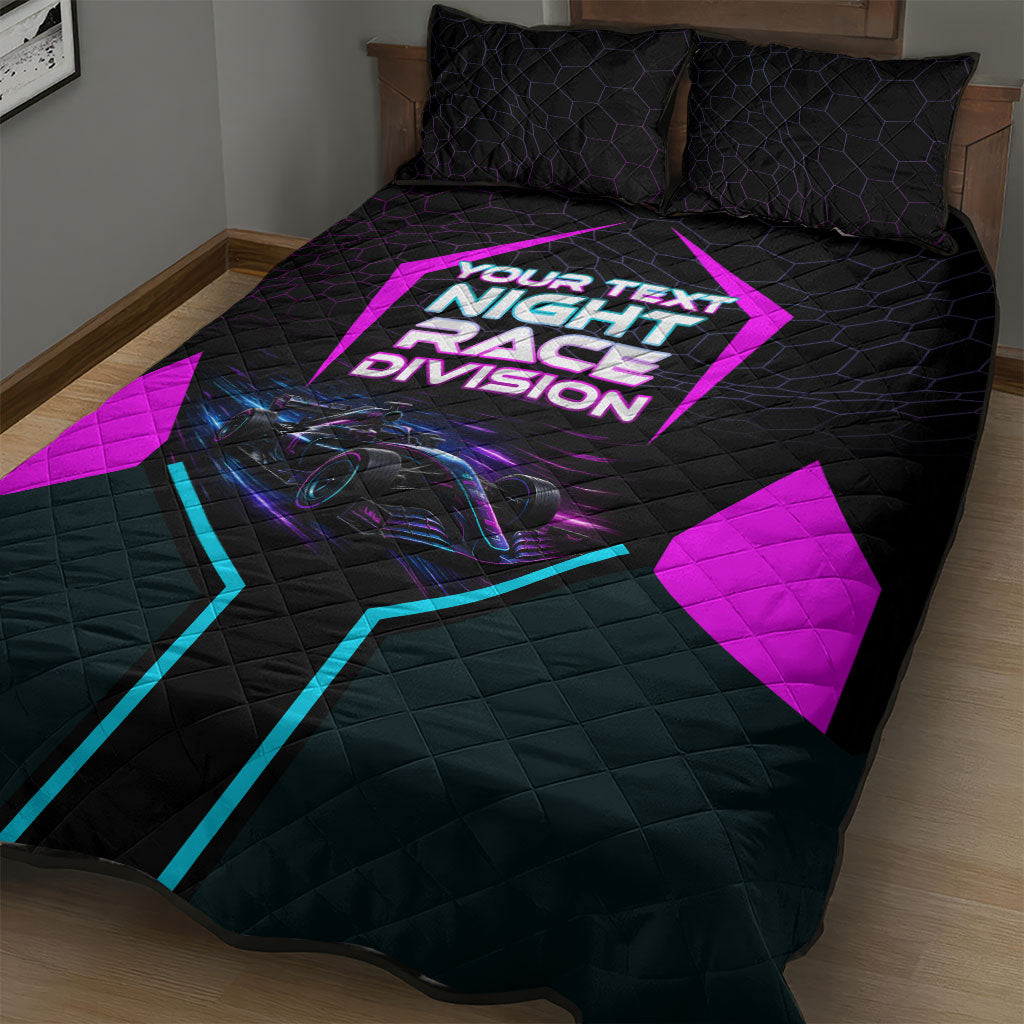 Personalized Night Race Division Quilt Bed Set Cyberpunk Racing Synthwave Motorsport Neon Graphic