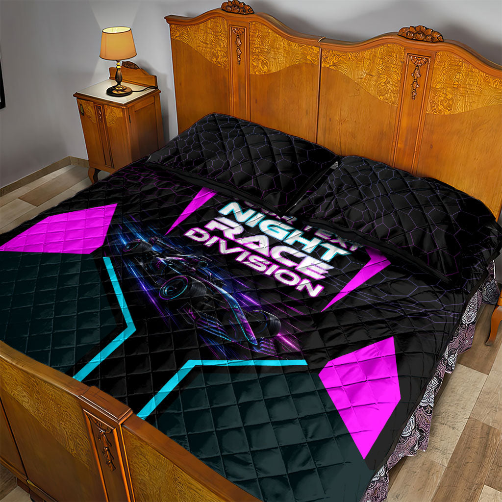 Personalized Night Race Division Quilt Bed Set Cyberpunk Racing Synthwave Motorsport Neon Graphic