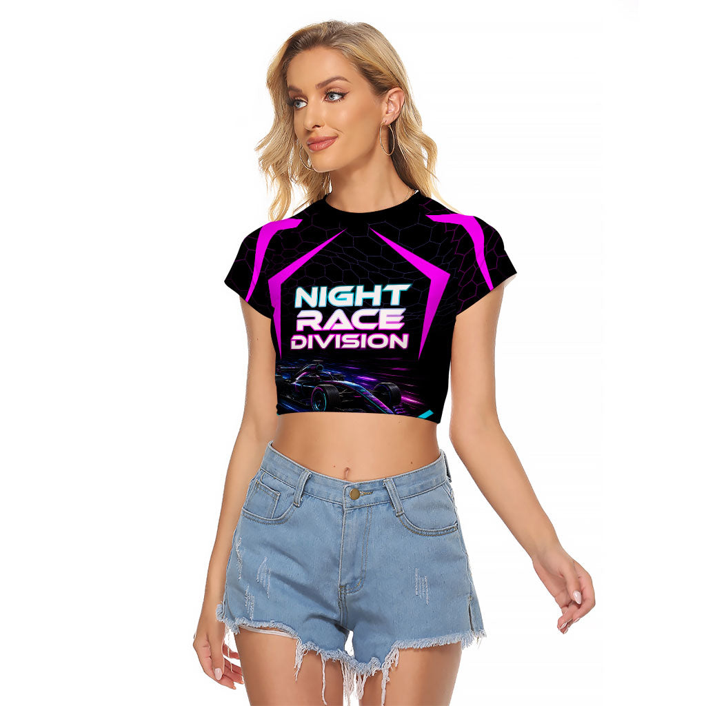 Personalized Night Race Division Raglan Cropped T Shirt Cyberpunk Racing Synthwave Motorsport Neon Graphic