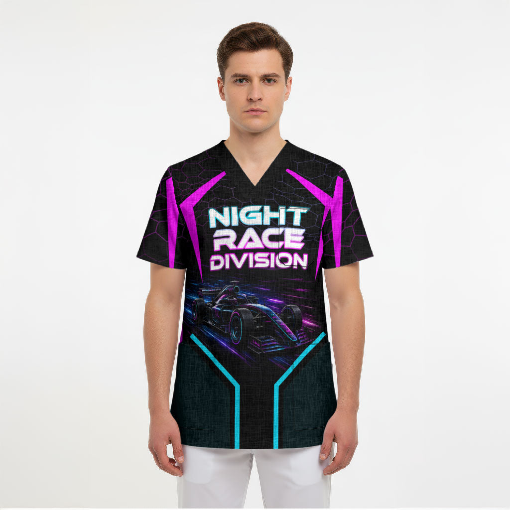 Personalized Night Race Division Scrub Top Cyberpunk Racing Synthwave Motorsport Neon Graphic