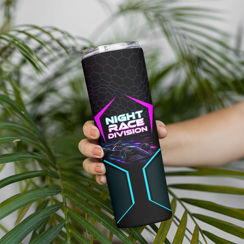 Personalized Night Race Division Skinny Tumbler Cyberpunk Racing Synthwave Motorsport Neon Graphic