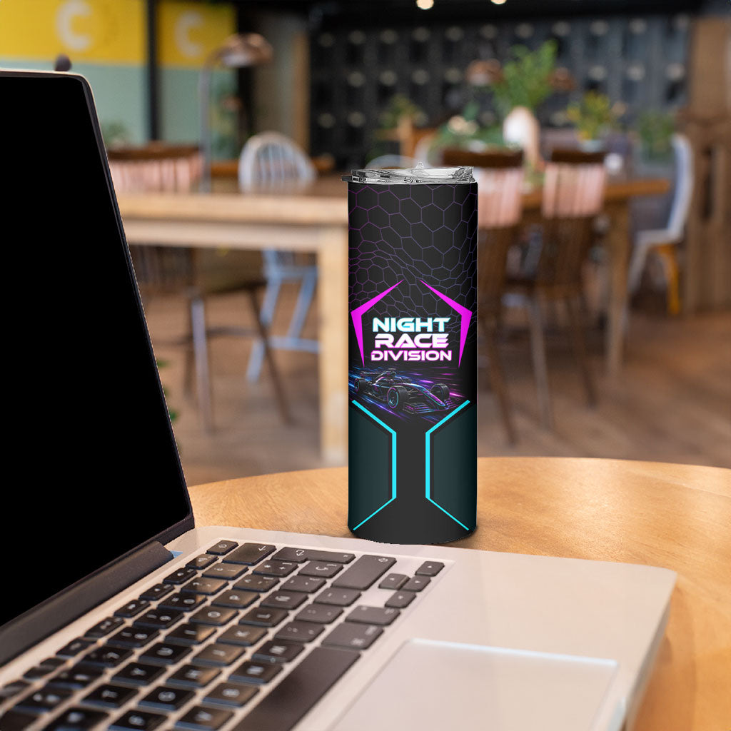 Personalized Night Race Division Skinny Tumbler Cyberpunk Racing Synthwave Motorsport Neon Graphic