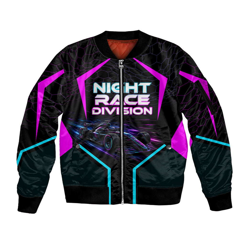 Personalized Night Race Division Sleeve Zip Bomber Jacket Cyberpunk Racing Synthwave Motorsport Neon Graphic