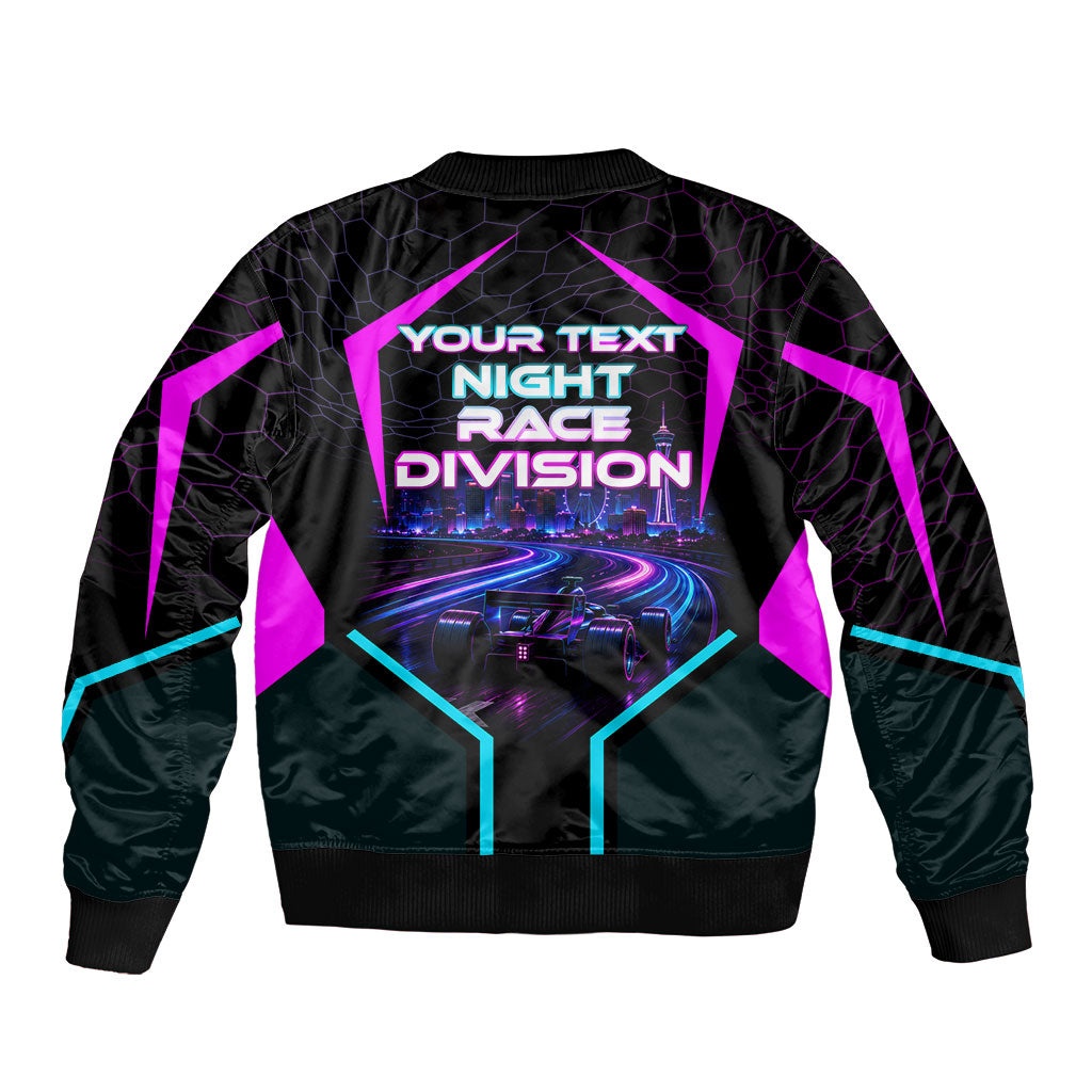 Personalized Night Race Division Sleeve Zip Bomber Jacket Cyberpunk Racing Synthwave Motorsport Neon Graphic
