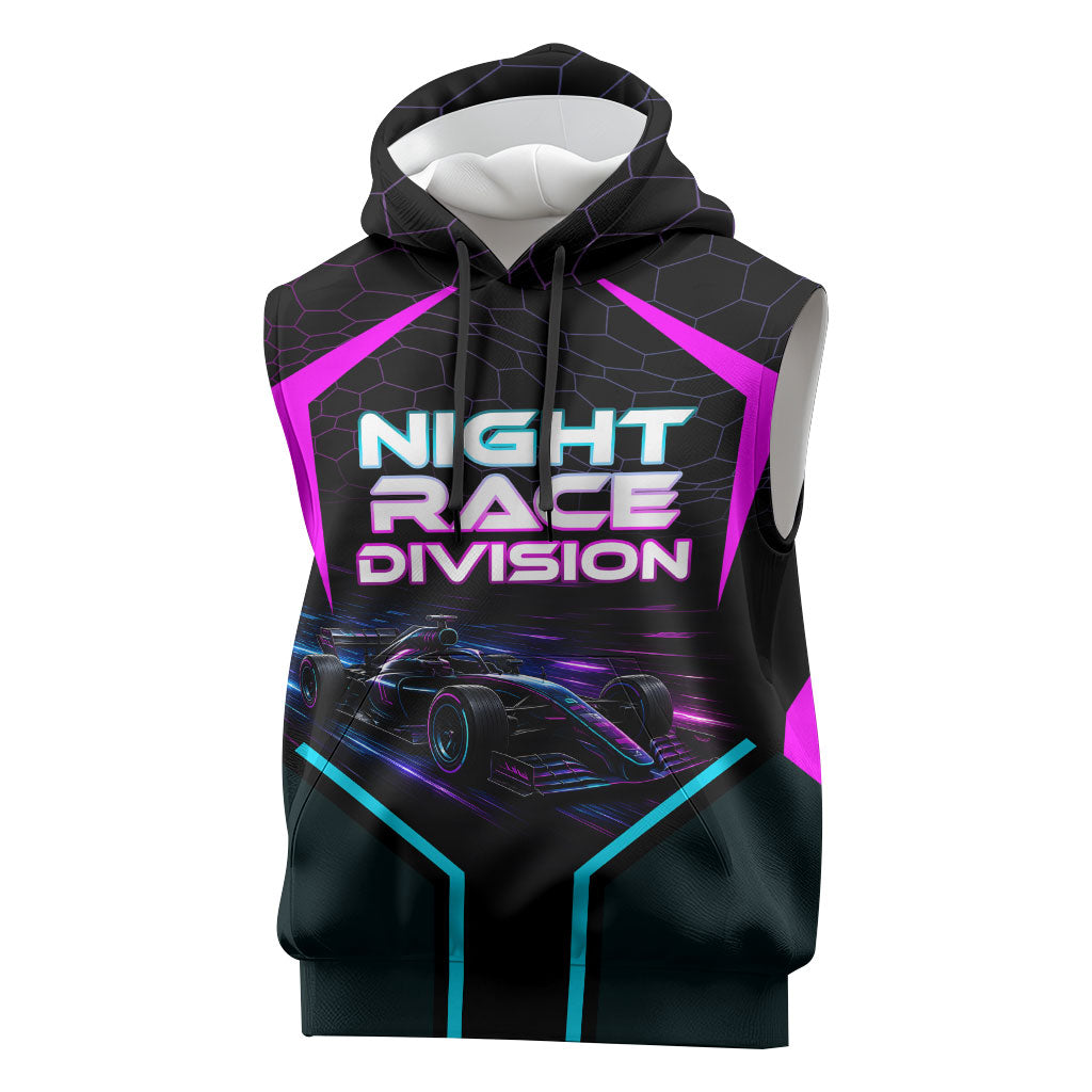 Personalized Night Race Division Sleeveless Hoodie Cyberpunk Racing Synthwave Motorsport Neon Graphic