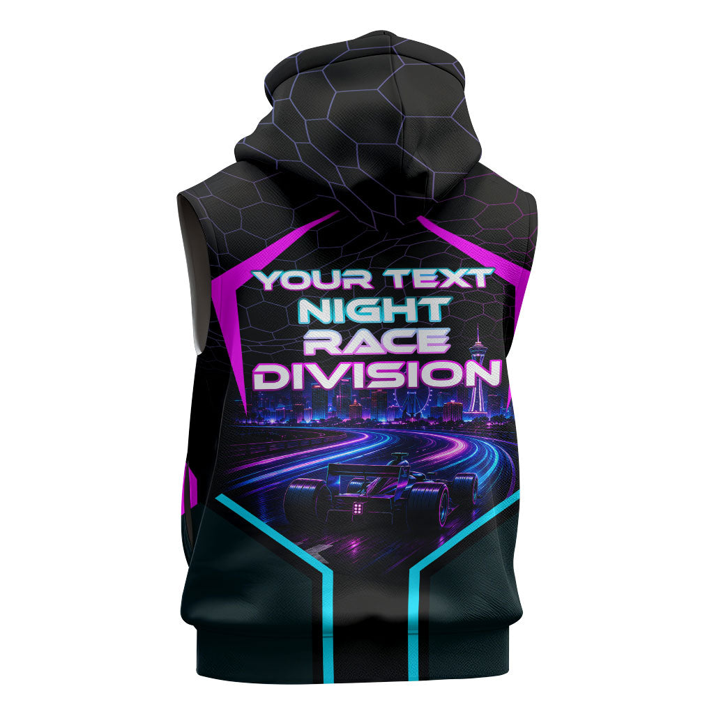 Personalized Night Race Division Sleeveless Hoodie Cyberpunk Racing Synthwave Motorsport Neon Graphic