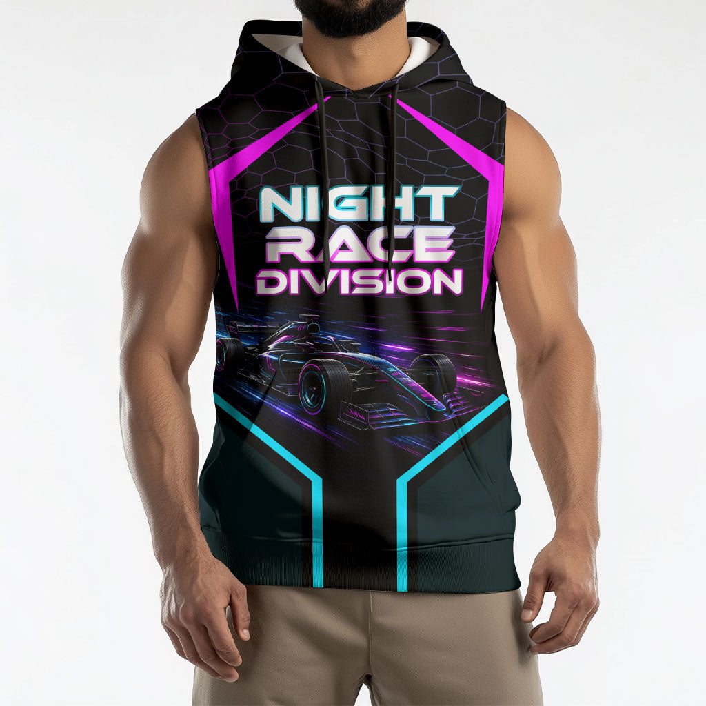 Personalized Night Race Division Sleeveless Hoodie Cyberpunk Racing Synthwave Motorsport Neon Graphic