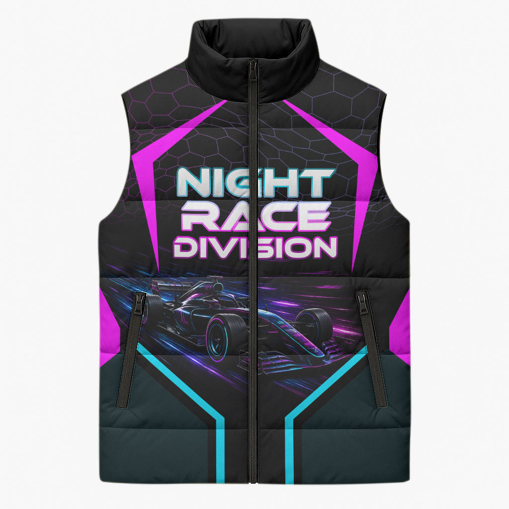 Personalized Night Race Division Sleeveless Puffer Jacket Cyberpunk Racing Synthwave Motorsport Neon Graphic