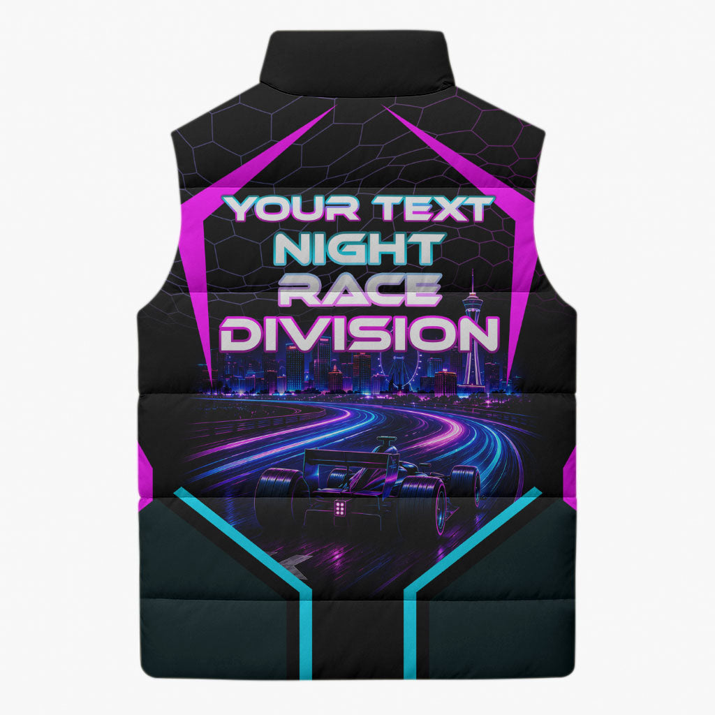 Personalized Night Race Division Sleeveless Puffer Jacket Cyberpunk Racing Synthwave Motorsport Neon Graphic