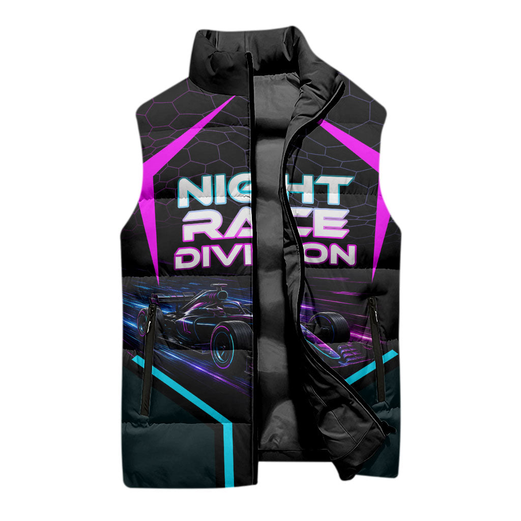 Personalized Night Race Division Sleeveless Puffer Jacket Cyberpunk Racing Synthwave Motorsport Neon Graphic