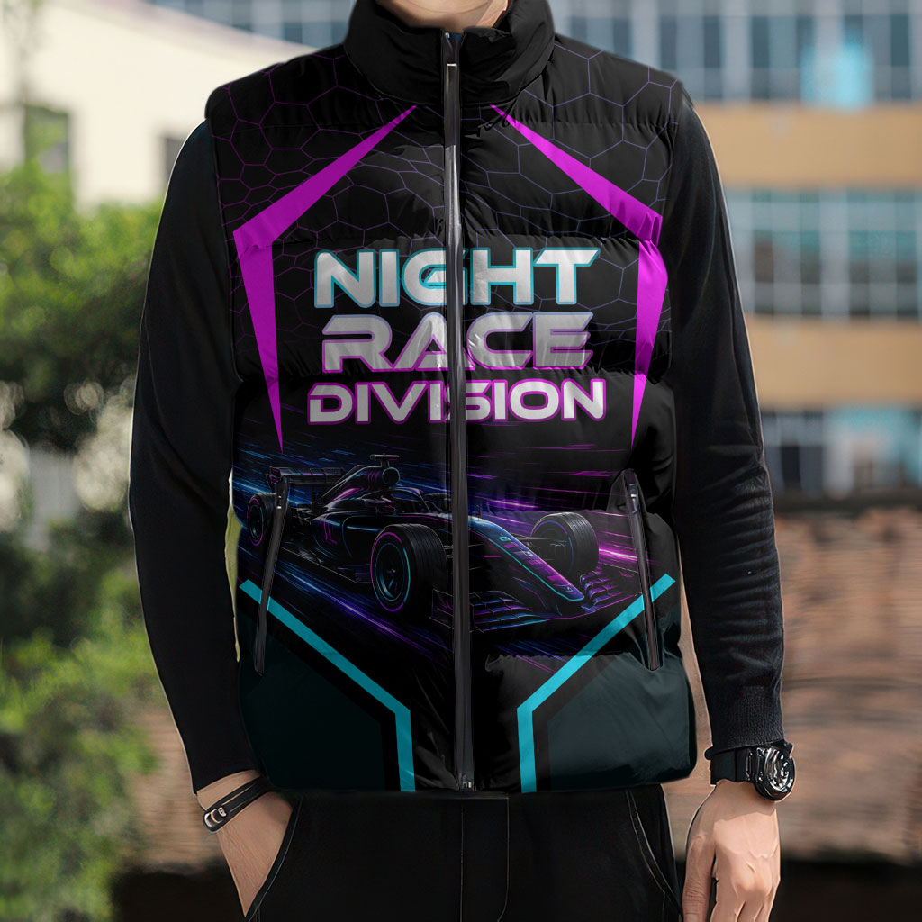 Personalized Night Race Division Sleeveless Puffer Jacket Cyberpunk Racing Synthwave Motorsport Neon Graphic