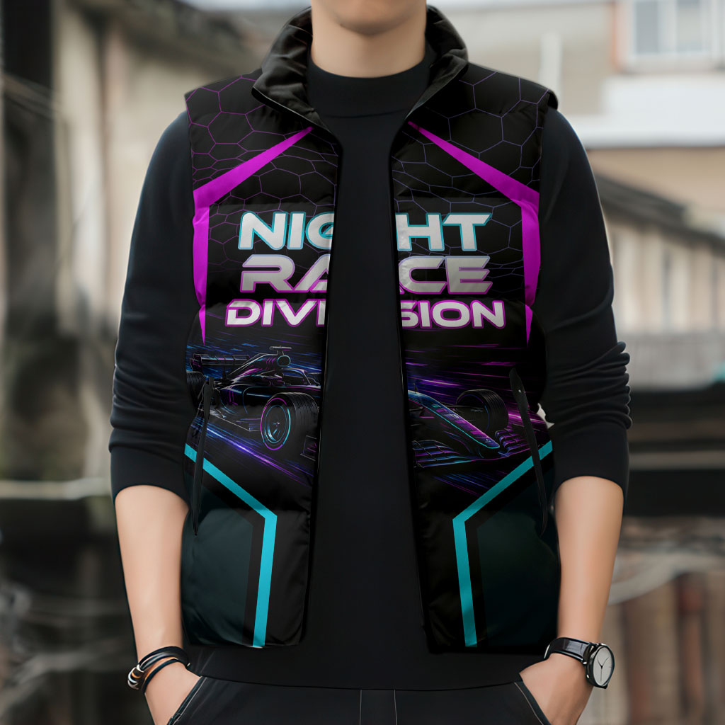 Personalized Night Race Division Sleeveless Puffer Jacket Cyberpunk Racing Synthwave Motorsport Neon Graphic