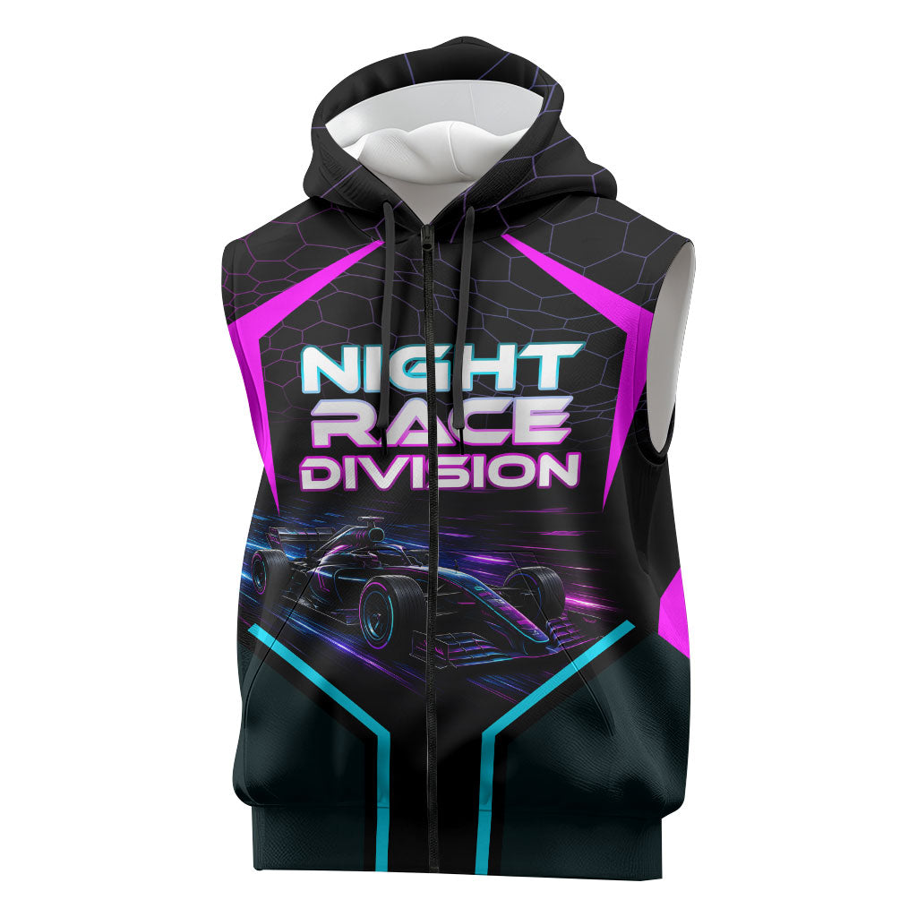 Personalized Night Race Division Sleeveless Zip Hoodie Cyberpunk Racing Synthwave Motorsport Neon Graphic