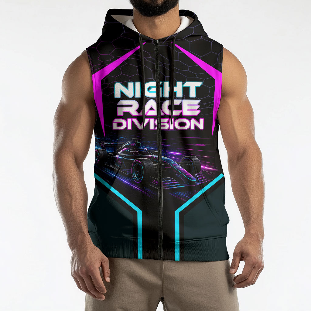 Personalized Night Race Division Sleeveless Zip Hoodie Cyberpunk Racing Synthwave Motorsport Neon Graphic