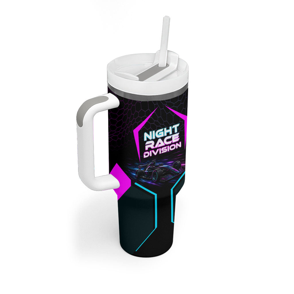 Personalized Night Race Division Tumbler With Handle Cyberpunk Racing Synthwave Motorsport Neon Graphic