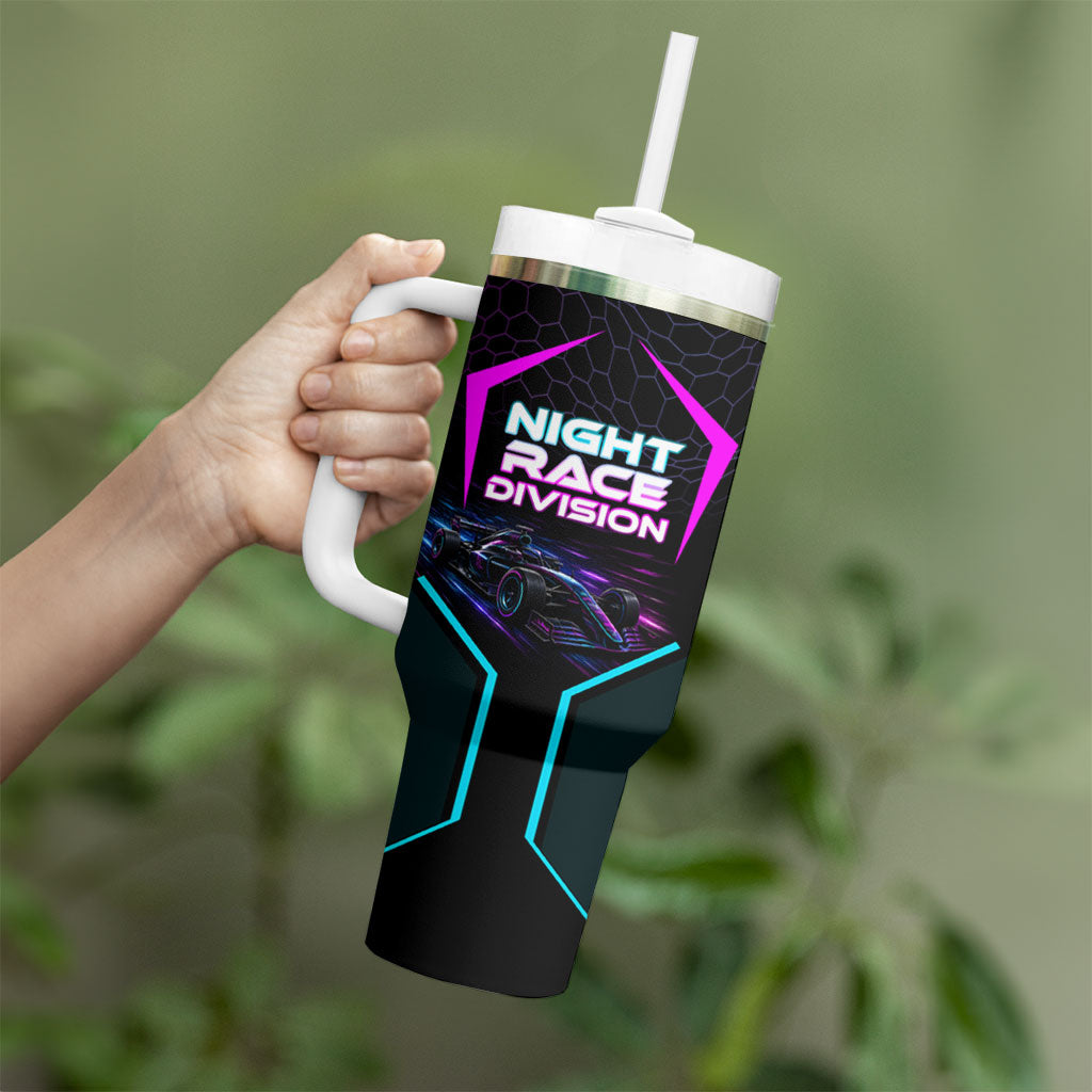 Personalized Night Race Division Tumbler With Handle Cyberpunk Racing Synthwave Motorsport Neon Graphic