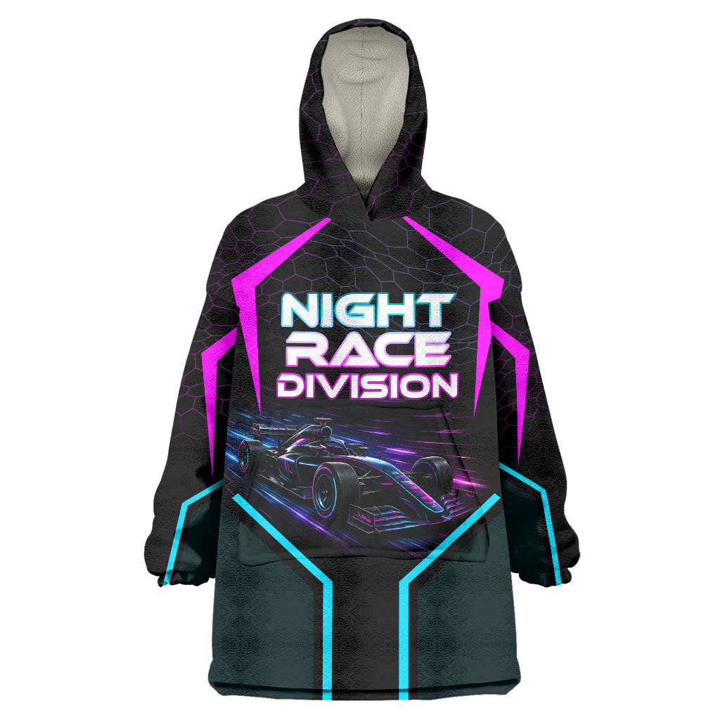Personalized Night Race Division Wearable Blanket Hoodie Cyberpunk Racing Synthwave Motorsport Neon Graphic