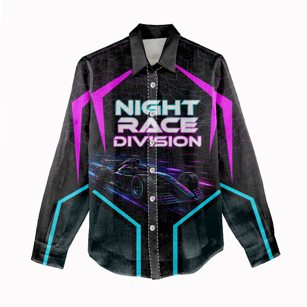 Personalized Night Race Division Women Casual Shirt Cyberpunk Racing Synthwave Motorsport Neon Graphic