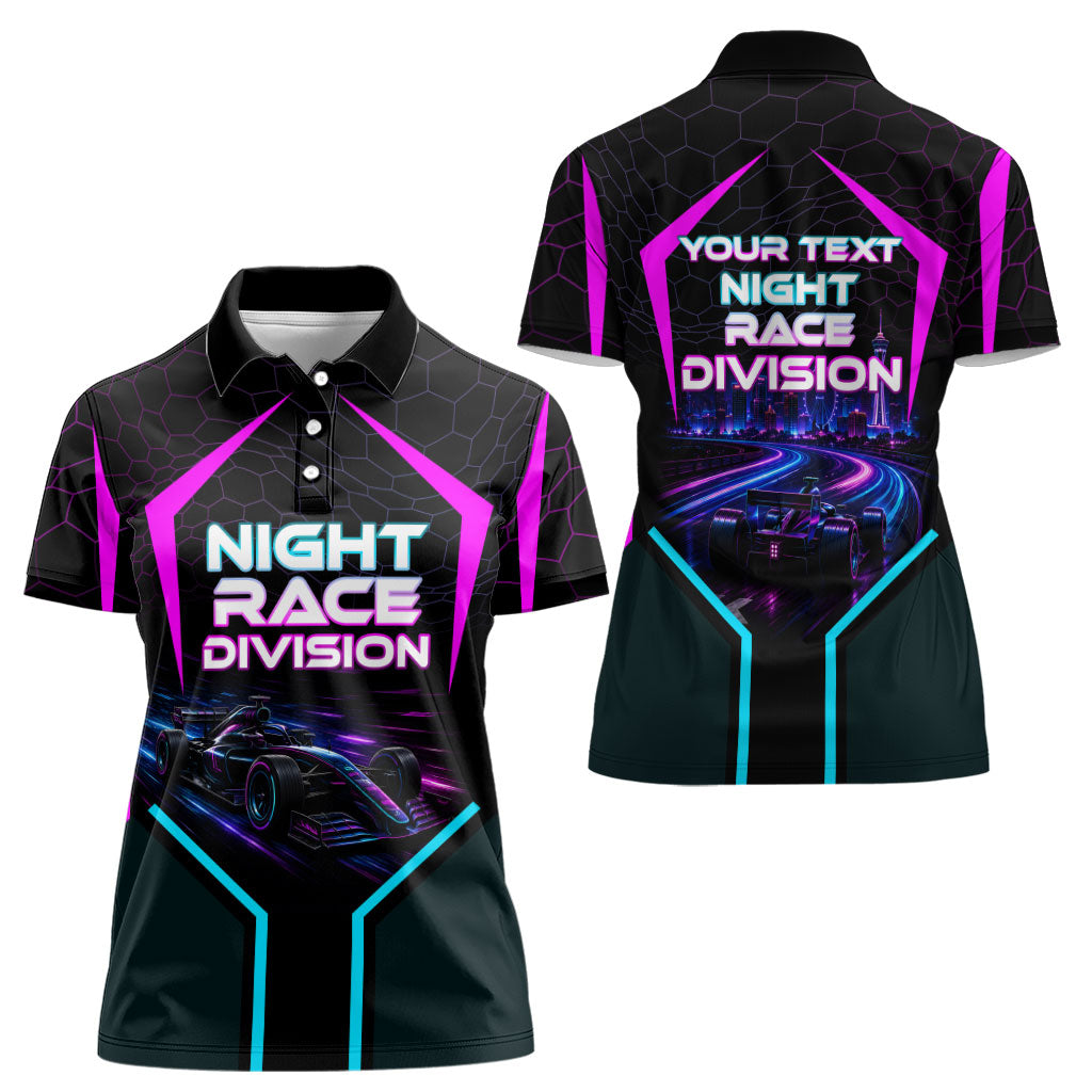 Personalized Night Race Division Women Polo Shirt Cyberpunk Racing Synthwave Motorsport Neon Graphic