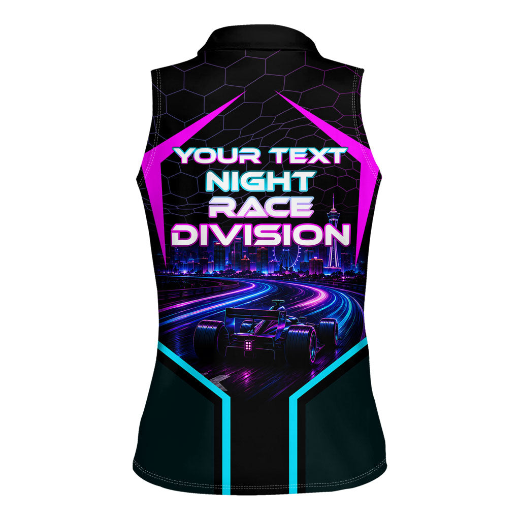 Personalized Night Race Division Women Sleeveless Polo Shirt Cyberpunk Racing Synthwave Motorsport Neon Graphic