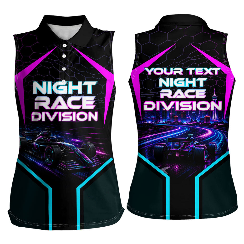 Personalized Night Race Division Women Sleeveless Polo Shirt Cyberpunk Racing Synthwave Motorsport Neon Graphic