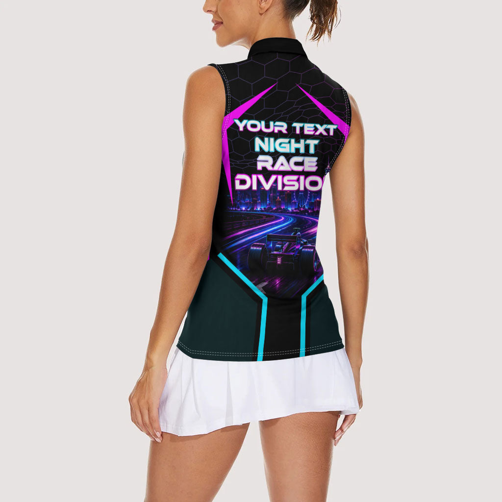 Personalized Night Race Division Women Sleeveless Polo Shirt Cyberpunk Racing Synthwave Motorsport Neon Graphic