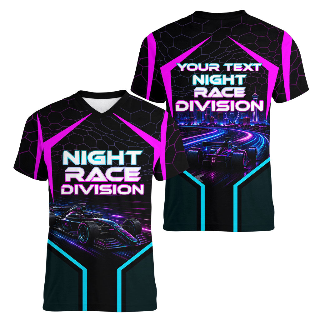 Personalized Night Race Division Women V-Neck T-Shirt Cyberpunk Racing Synthwave Motorsport Neon Graphic