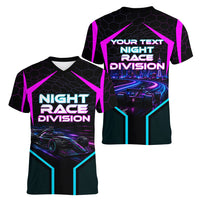 Personalized Night Race Division Women V-Neck T-Shirt Cyberpunk Racing Synthwave Motorsport Neon Graphic
