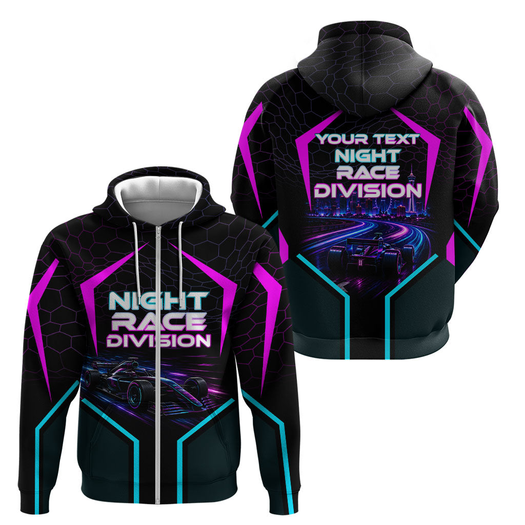 Personalized Night Race Division Zip Hoodie Cyberpunk Racing Synthwave Motorsport Neon Graphic
