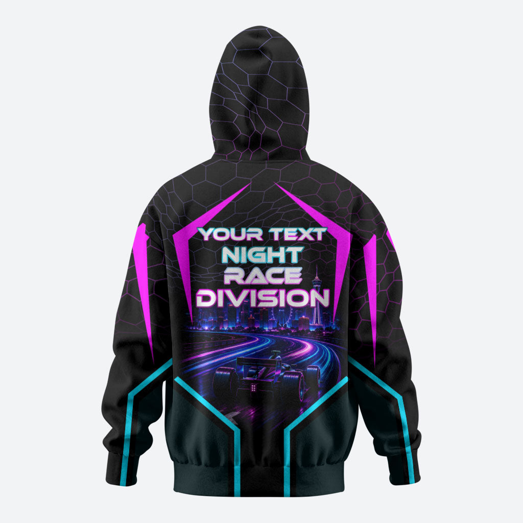 Personalized Night Race Division Zip Hoodie Cyberpunk Racing Synthwave Motorsport Neon Graphic