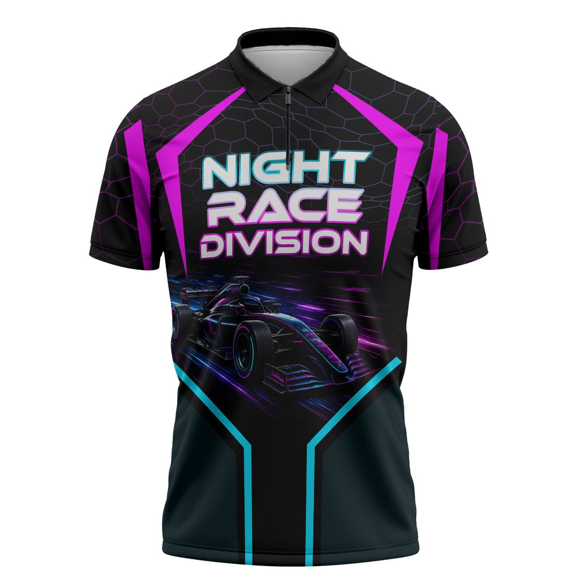 Personalized Night Race Division Zipper Polo Shirt Cyberpunk Racing Synthwave Motorsport Neon Graphic