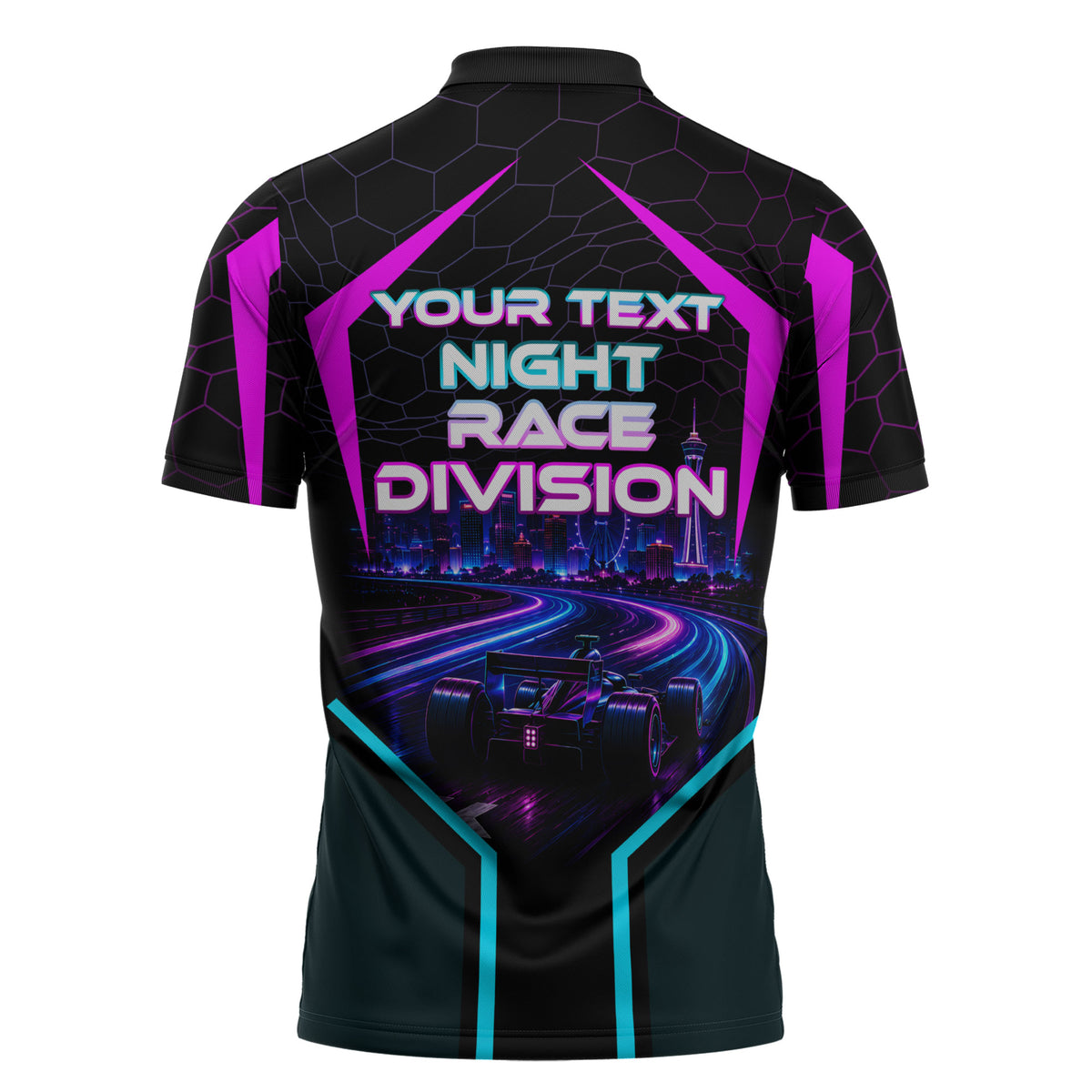 Personalized Night Race Division Zipper Polo Shirt Cyberpunk Racing Synthwave Motorsport Neon Graphic