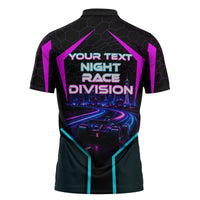 Personalized Night Race Division Zipper Polo Shirt Cyberpunk Racing Synthwave Motorsport Neon Graphic