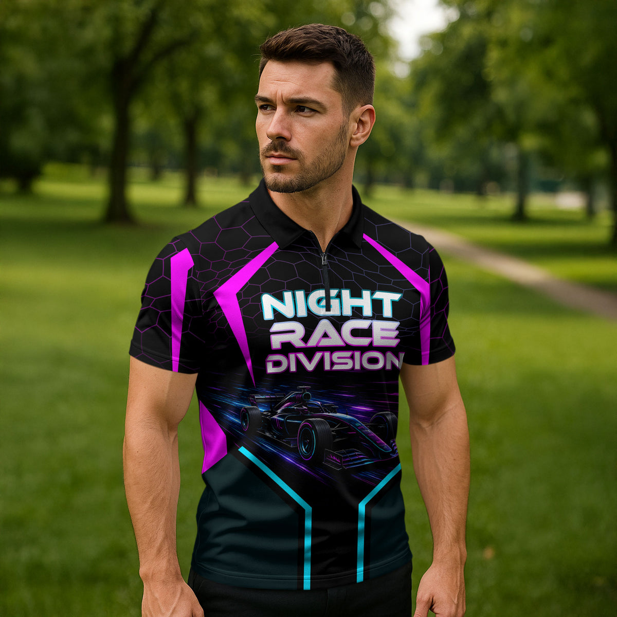 Personalized Night Race Division Zipper Polo Shirt Cyberpunk Racing Synthwave Motorsport Neon Graphic
