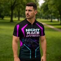 Personalized Night Race Division Zipper Polo Shirt Cyberpunk Racing Synthwave Motorsport Neon Graphic
