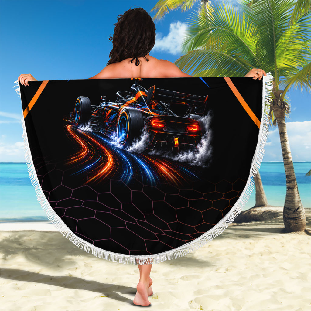 Personalized Night Race Division Motorsport Beach Blanket Futuristic Neon Open Wheel Auto Racing