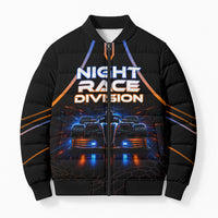 Personalized Night Race Division Motorsport Bomber Puffer Jacket Futuristic Neon Open Wheel Auto Racing