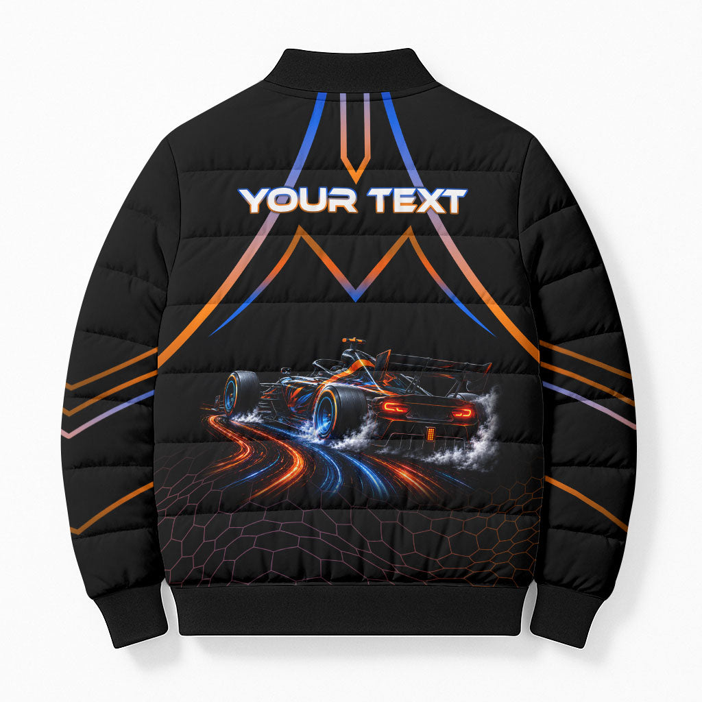 Personalized Night Race Division Motorsport Bomber Puffer Jacket Futuristic Neon Open Wheel Auto Racing
