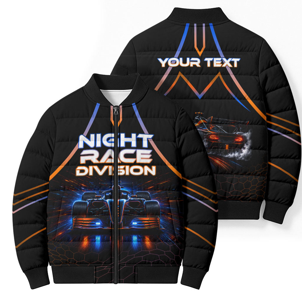 Personalized Night Race Division Motorsport Bomber Puffer Jacket Futuristic Neon Open Wheel Auto Racing