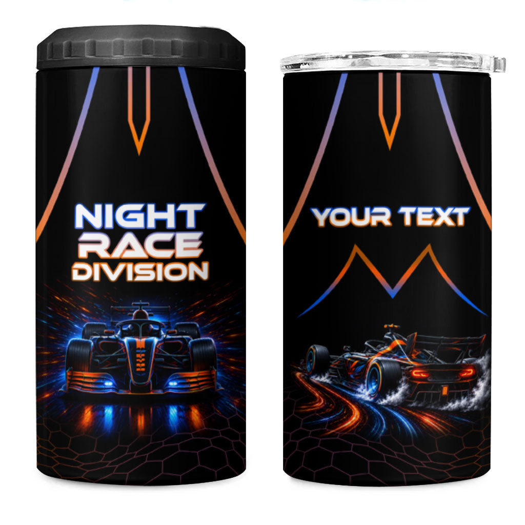 Personalized Night Race Division Motorsport 4 in 1 Can Cooler Tumbler Futuristic Neon Open Wheel Auto Racing