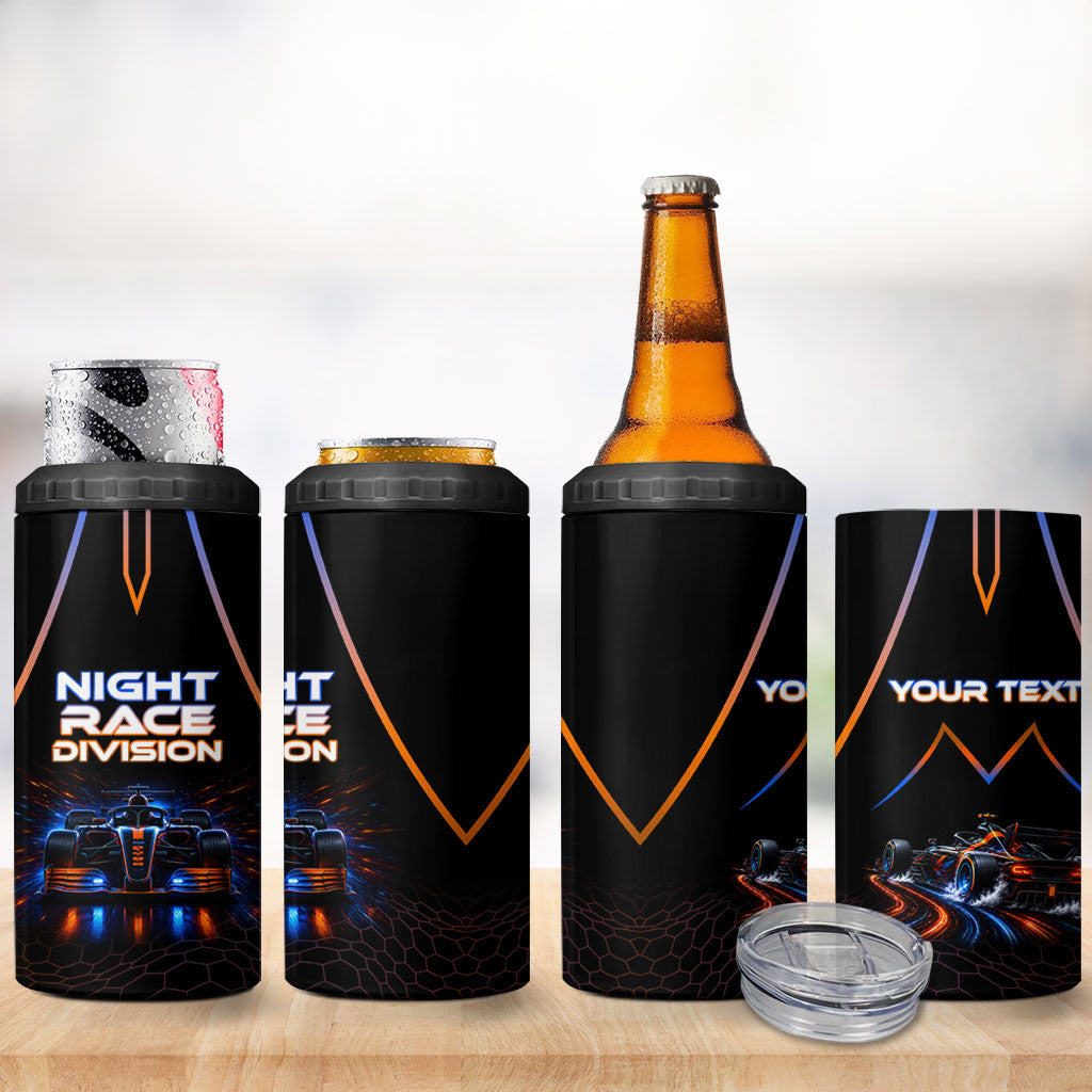 Personalized Night Race Division Motorsport 4 in 1 Can Cooler Tumbler Futuristic Neon Open Wheel Auto Racing
