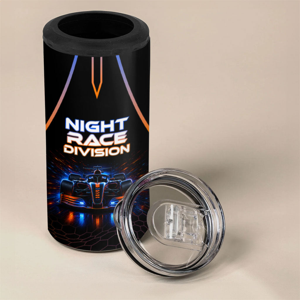 Personalized Night Race Division Motorsport 4 in 1 Can Cooler Tumbler Futuristic Neon Open Wheel Auto Racing