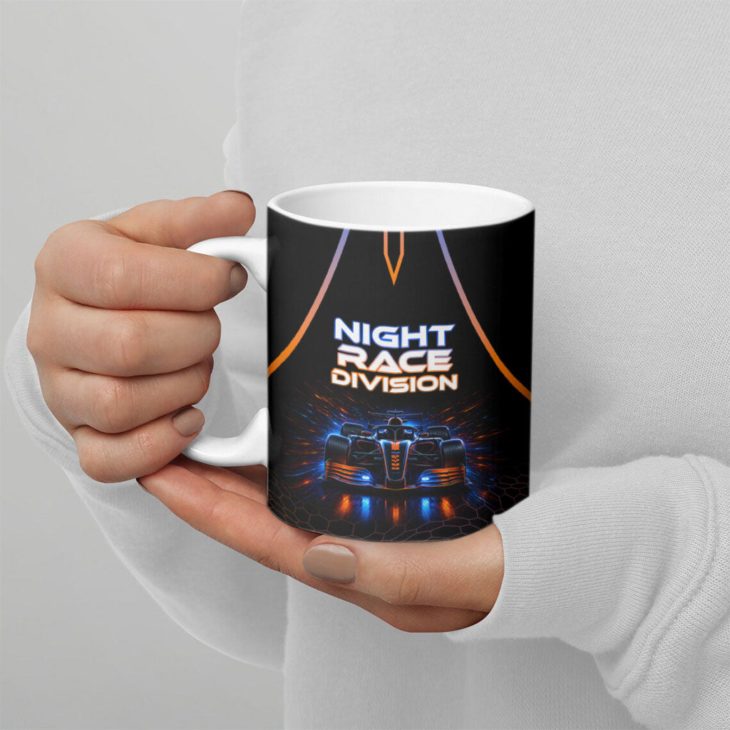 Personalized Night Race Division Motorsport Ceramic Mug Futuristic Neon Open Wheel Auto Racing