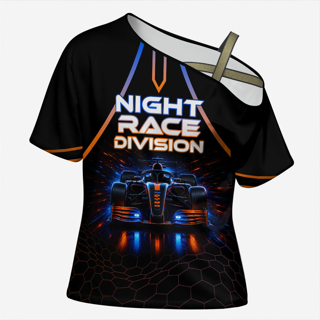 Personalized Night Race Division Motorsport Cross Shoulder Shirt Futuristic Neon Open Wheel Auto Racing