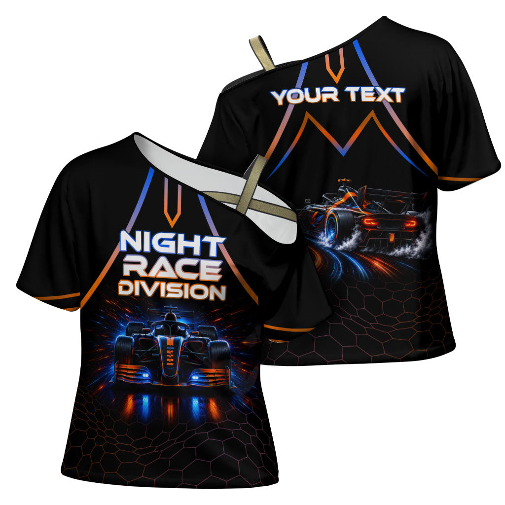 Personalized Night Race Division Motorsport Cross Shoulder Shirt Futuristic Neon Open Wheel Auto Racing