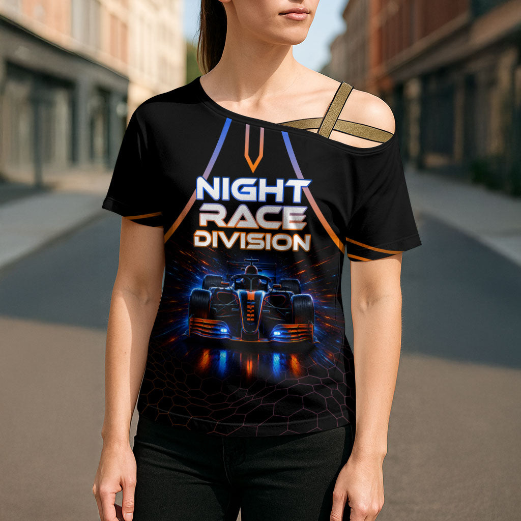 Personalized Night Race Division Motorsport Cross Shoulder Shirt Futuristic Neon Open Wheel Auto Racing